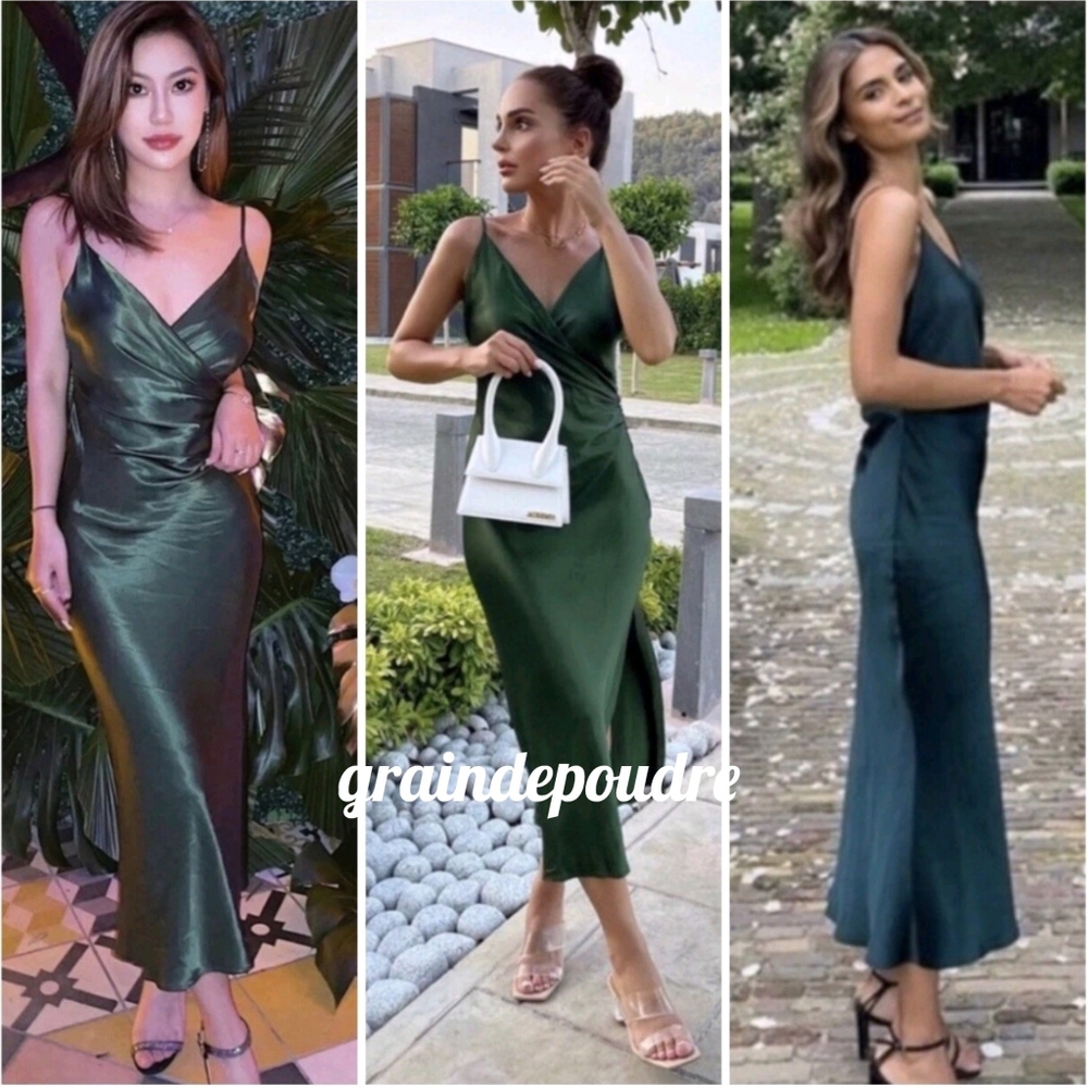 Rare! NWT Zara Forest Green Satin V Neck Lingerie Slip Dress M